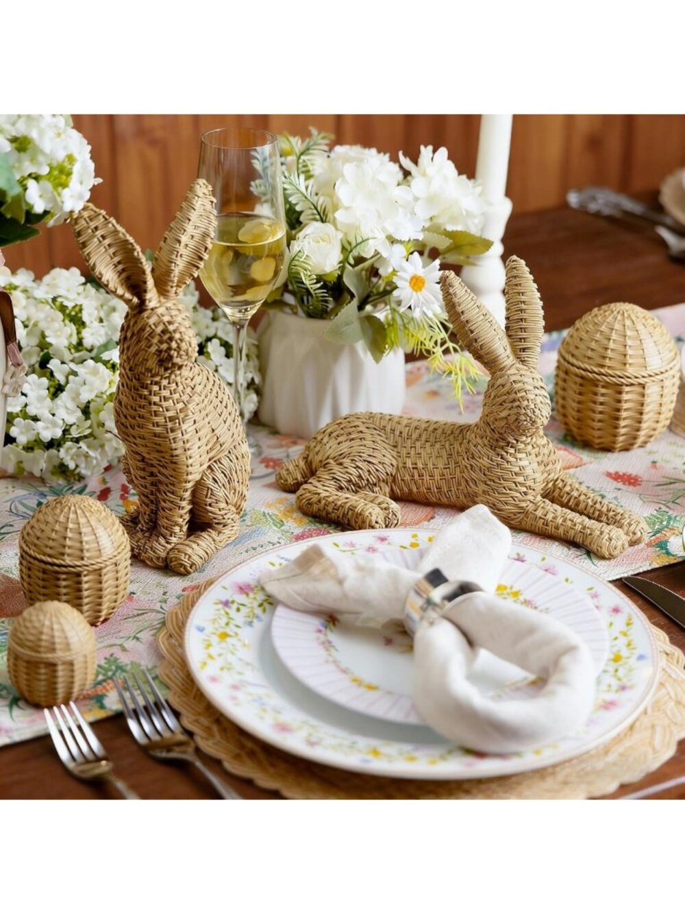 Charming Easter Home Decor – 5-Piece Rattan Bunny & Egg Decoration Set